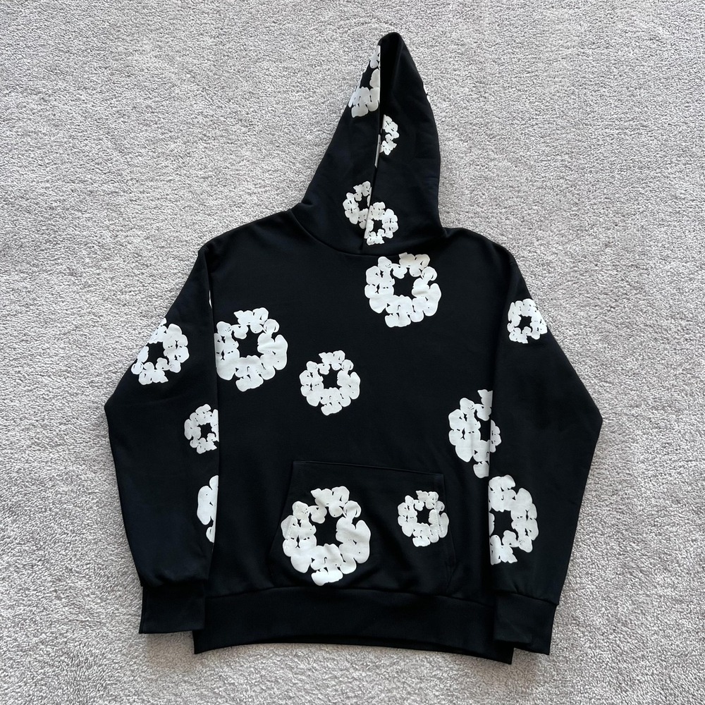 Denim Tears Cotton Wreath Hoodie Mens Large Black Flower Graphic Pullover Fleece
